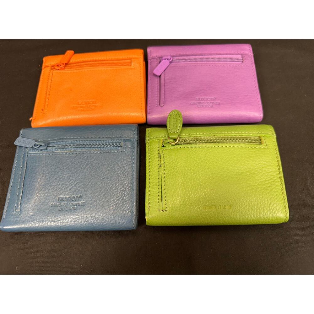 Four Compact Trifold Credit Card ID Wallets Blue Orange Purple and Green 3.5 X 4